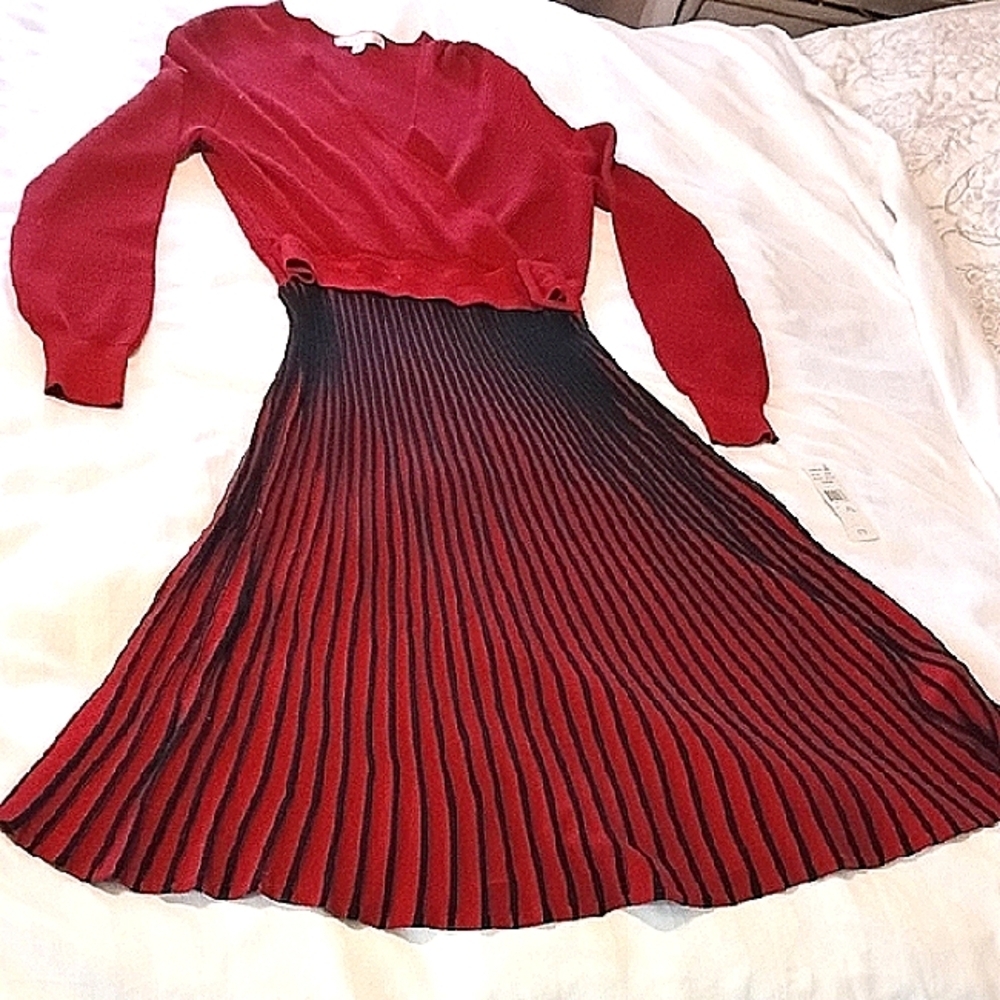 Robbie Bee Red Pleated A-Line Dress with Bishop Sleeves, Size: XL, NWT
